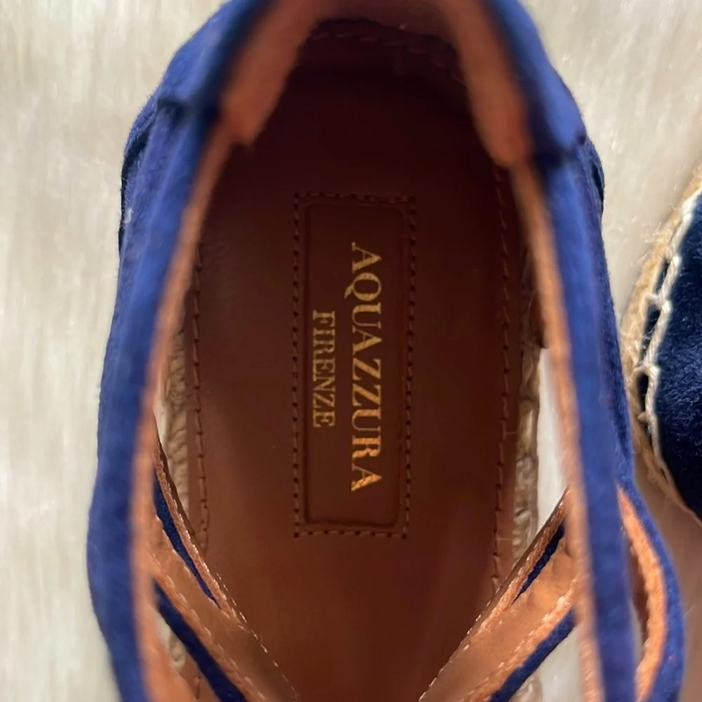 Aquazzura Firenze Belgravia Blue Suede Multicolored Textile Pom-Pom Espadrilles